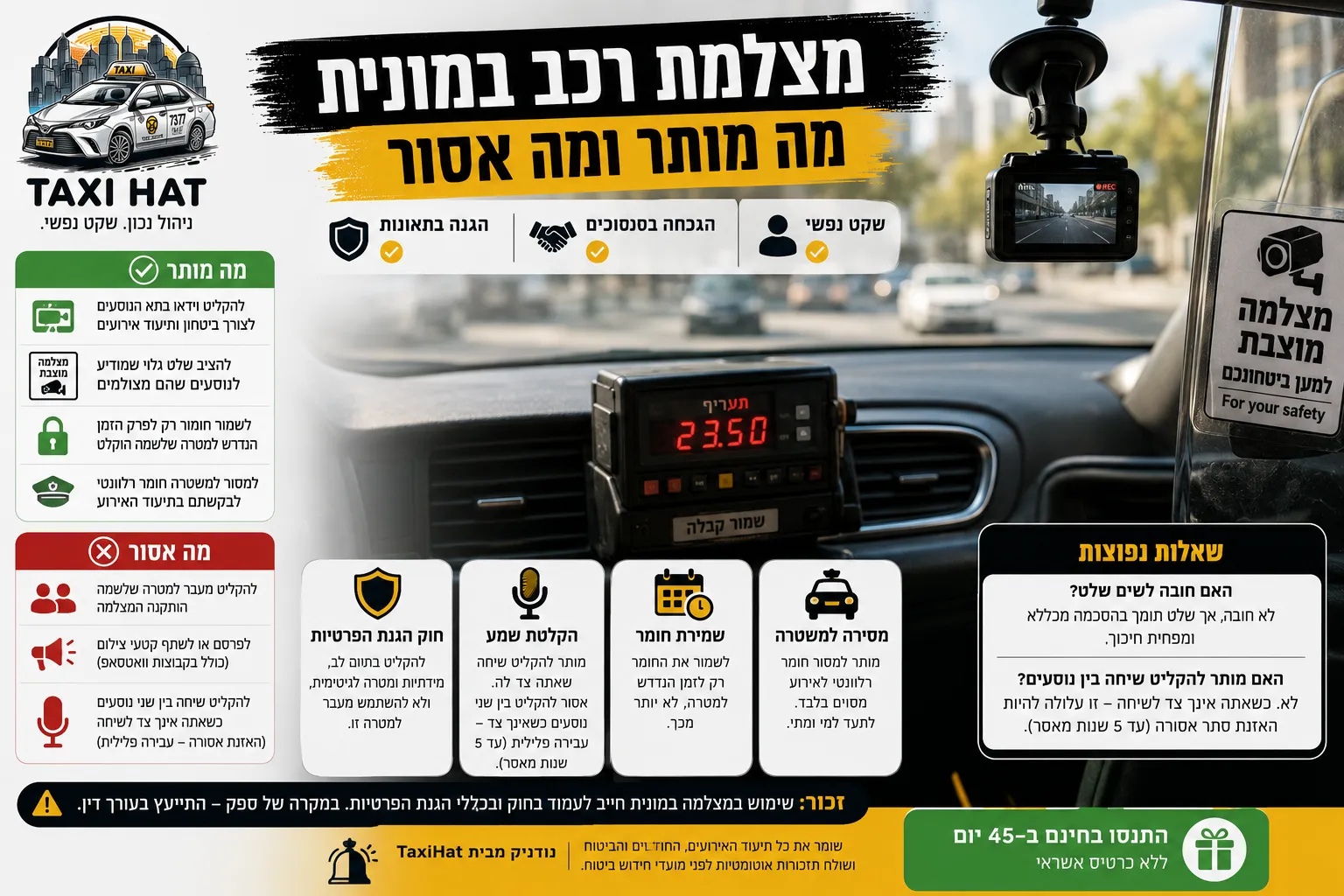 מצלמת רכב במונית: מה מתיר חוק הגנת הפרטיות - חדשות מתעשיית המוניות